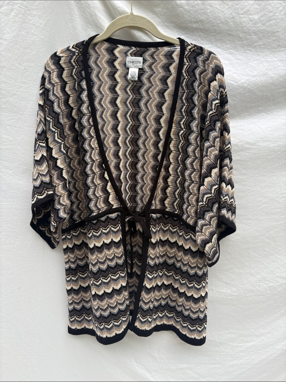 Chico's Chevron Tie-Front Cardigan in Black and Cream
